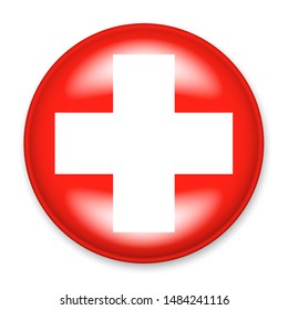 Flag of Switzerland in the form of a round button with a light glare and a shadow. The symbol of Independence Day, a souvenir, a button for switching the language on the site, an icon.