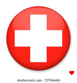 Flagge der Schweiz in Form eines runden Knopfes mit einer leichten Brille und einem Schatten. Das Symbol des Unabhängigkeitstags, ein Souvenir, ein Knopf zum Umschalten der Sprache auf der Website, ein Symbol.