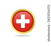 Flag of Switzerland with golden frame circle round glossy button vector design 