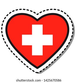 Flag Switzerland heart sticker on white background. Vintage vector love badge. Template design element. National day. Travel sign.