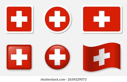 Flag of Switzerland icons collection. Flat stickers and 3d glass vector elements on white background.
