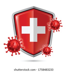 Flag of Switzerland on Metal Shiny Shield Icon and Red Corona Virus Cells. Concept of Health Care and Safety Badge. Security Safeguard Metal Label with Swiss flag
