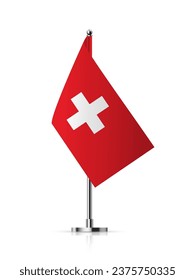 Flag der Schweiz auf polarer Vektorgrafik. 3D-realistischer Fahnenmast auf Mini-Stahl-Vertikalständer, isoliertes Desktop-Fahnenteam, rote und weiße Querschwingel-Fahne auf Metallstöcken.