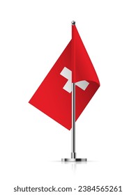 Flag of Switzerland on pole vector illustration. 3D realistic flagpole on mini steel vertical stand, isolated desktop flagstaff, red and white cross swiss flag on metal sticks.