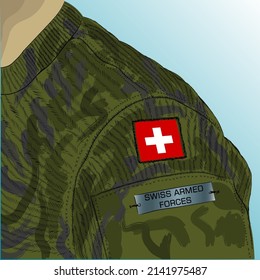 Flag Of Switzerland On Soldier Arm. Swiss Armed Forces.