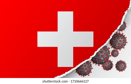 Flag of Switzerland with outbreak deadly coronavirus covid-19. Banner with the spread of Coronavirus 2019-nCoV. A large bacteriums against background of national flag.Concept of coronavirus quarantine