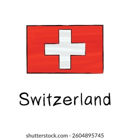 Flag of Switzerland with outline and signature on a white background. Hand-drawn vector illustration in sketch style. Isolated image, perfect for posters, web design, education, infographics, prints