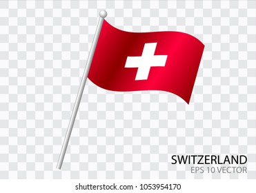 Flag of SWITZERLAND with flag pole waving in wind.Vector illustration