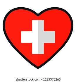 Flag der Schweiz in Form von Herz, flacher Stil, Symbol der Liebe für sein Land, Patriotismus, Ikone für Unabhängigkeitstag.