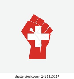 Flag of Switzerland in the shape of raised hand sign isolated on background. Fist symbol modern, simple, vector, icon for website design, mobile app, ui. Vector Illustration