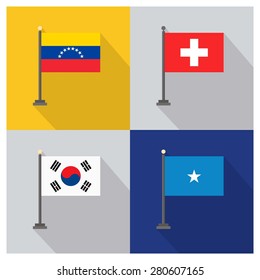 Flag of Switzerland - Flag of Somalia - Flag of Venezuela - Flag of South Korea - The flat design of the 4 country flag on the flagpole . Modern World Flag design, Vector illustration template design