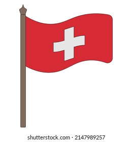 Flag of Switzerland. Vector illustration. The fabric is decorated with a cross. The national symbol of the state develops in the wind. Cartoon style. Isolated background. Political themes. 
