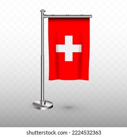 Flag of Switzerland. Vector illustration of a vertical hanging flag with flagpole on a transparent background (PNG).
