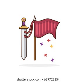 Flag and sword. A set of the knight. A set of the Viking. Set of the Crusader. Vector Icons.