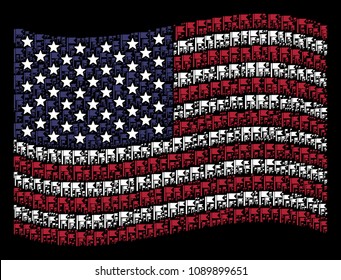 Flag symbols are composed into waving American flag abstraction on a dark background. Vector composition of American state flag is constructed with flag elements.