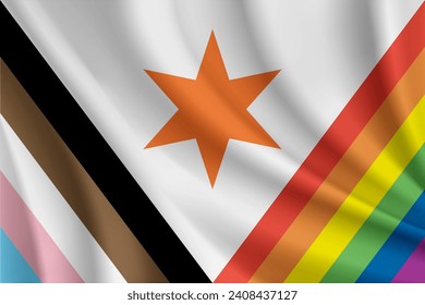 Bandera de Siracusa, Nueva York, Progress Pride Variation, Estados Unidos. Bandera ondulante realista del fondo vectorial de Miami.