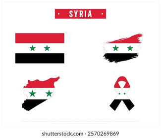 Flag of SYRIA, Brush style flag of SYRIA, Ribbon flag of SYRIA, and Map of SYRIA with flag in it on a white background, Independence Day