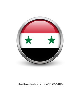 Flag of Syria, button with metal frame and shadow