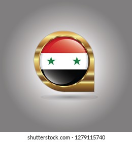 Flag of Syria, button with the reflection of light and shadow, gold frame, Icon country. Realistic vector illustration on gray background.