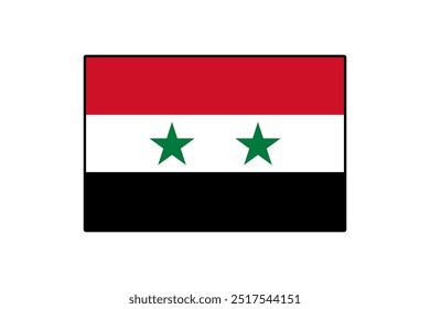 La bandera de Siria presenta tres franjas Horizontales en rojo, blanco y negro con dos estrellas verdes. Representa el orgullo nacional y la identidad simbolizando a la República de Siria.