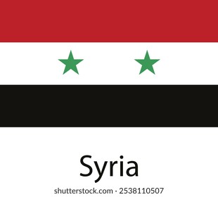 Die Flagge Syriens, mit drei horizontalen Streifen in Rot, Weiß und Schwarz mit zwei grünen fünfzackigen Sternen in der Mitte.