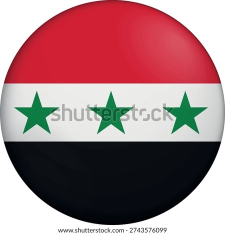 Flag of Syria. Glossy circular flag. Button appearance. 3D Icon Design with depth. Professional, tactile look. Perfect for representing national identity in digital interfaces and perfect for websites