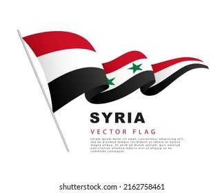 The flag of Syria hangs on a flagpole and flutters in the wind. Vector illustration isolated on white background. Colorful Syrian flag logo.