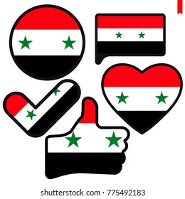 Flag of Syria in the shape of Button, Heart, Like, Check mark, flat style, symbol of love for his country, patriotism, icon for Independence Day.