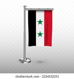 Flag of Syria. Vector illustration of a vertical hanging flag with flagpole on a transparent background (PNG).