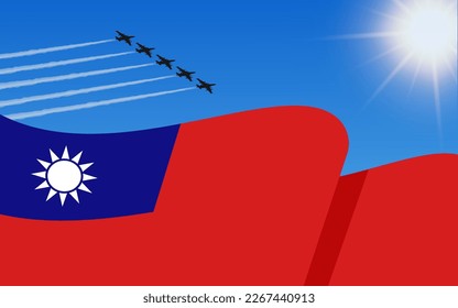 Flag of Taiwan and a fighter plane formation flying in the sky. 10th October independence day Taiwan. Military aviation in the blue sky. Vector illustration