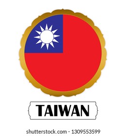 Flag of Taiwan with name icon, Golden sticker with flag of the Taiwan.vector 