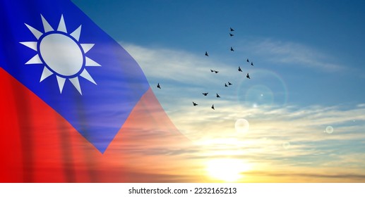 Flag of Taiwan on a background of sunset or sunrise. EPS10 vector