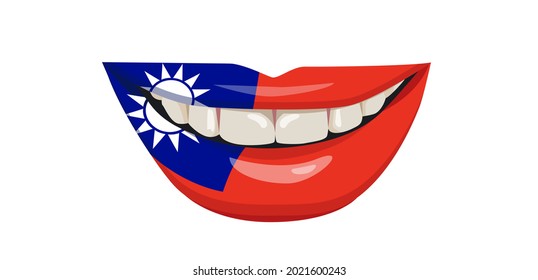 The flag of Taiwan on the lips. A woman's smile with white teeth. Vector illustration.