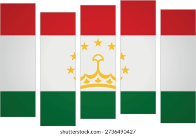 Flag of Tajikistan. Flag with a design featuring vertical panels in a modular perspective. This fragmented artistic approach offers a fresh take on flag design. A striking cultural choice for modern decorative presentation