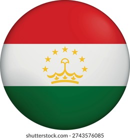 Flag of Tajikistan. Glossy circular flag. Button appearance. 3D Icon Design with depth. Professional, tactile look. Perfect for representing national identity in digital interfaces and perfect for websites