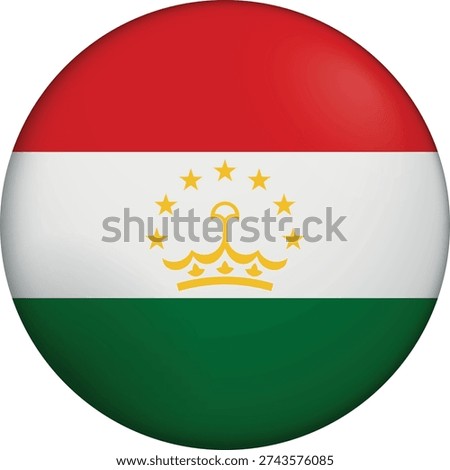 Flag of Tajikistan. Glossy circular flag. Button appearance. 3D Icon Design with depth. Professional, tactile look. Perfect for representing national identity in digital interfaces and perfect for websites