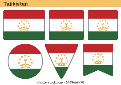 Flag of Tajikistan. Flag icon set of six different shapes. Vector Illustration.