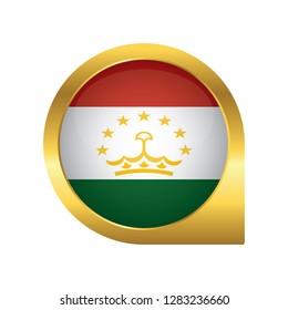 Flag of Tajikistan, location map pin, pointer flag, button with the reflection of light and shadow, gold frame, Icon country. Realistic vector illustration on white background.