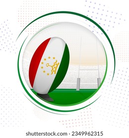 Flag of Tajikistan on rugby ball. Round rugby icon with flag of Tajikistan. Vector illustration.