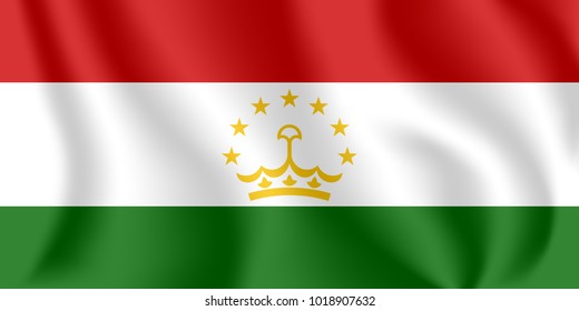 Flag of Tajikistan. Realistic waving flag of Republic of Tajikistan. Fabric textured flowing flag of Tajikistan.