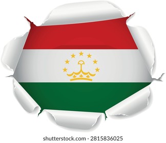 Flag of Tajikistan. Flag Revealed Through Torn Paper Hole with Realistic Curled Edges over a transparent background. The ripped edges curl outward with realistic shadows and depth, creating a striking reveal effect