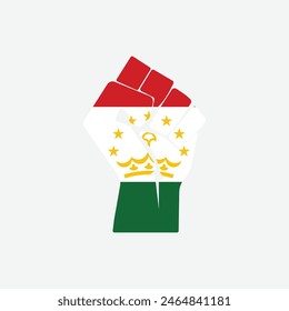 Flag of Tajikistan in the shape of raised hand sign isolated on background. Fist symbol modern, simple, vector, icon for website design, mobile app, ui. Vector Illustration