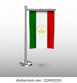 Flag of Tajikistan. Vector illustration of a vertical hanging flag with flagpole on a transparent background (PNG).