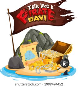 Flag With Talk Like A Pirate Day Font On The Treasure Island Illustration