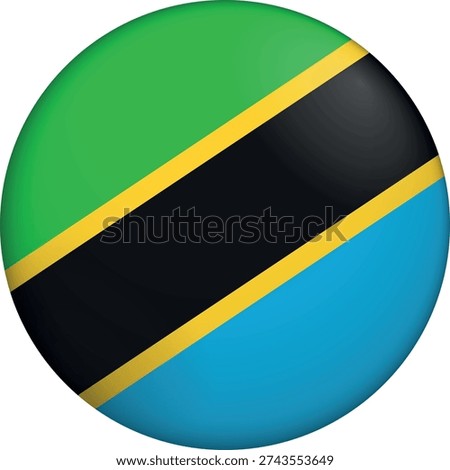 Flag of Tanzania. Glossy circular flag. Button appearance. 3D Icon Design with depth. Professional, tactile look. Perfect for representing national identity in digital interfaces and perfect for websites