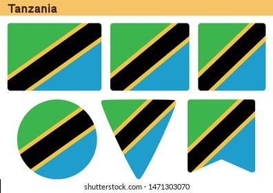 Flag of Tanzania. Flag icon set of six different shapes. Vector Illustration.