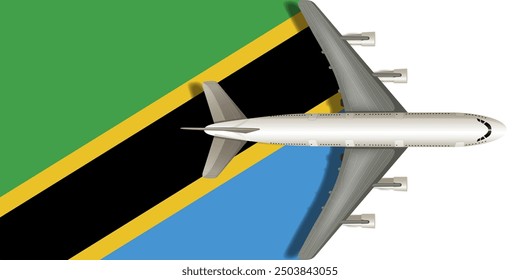 Flag of Tanzania with a plane flying over it close up. Vector image.