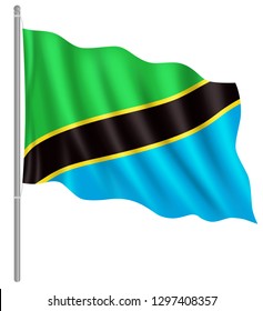 Flag of Tanzania with flag pole waving in wind. Vector illustration