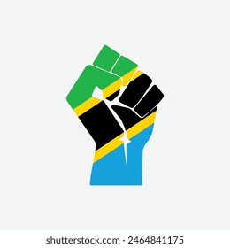 Flag of Tanzania in the shape of raised hand sign isolated on background. Fist symbol modern, simple, vector, icon for website design, mobile app, ui. Vector Illustration