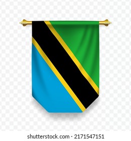 Bandera de Tanzania. Ilustración vectorial de una bandera vertical colgante sobre un fondo transparente (PNG). 